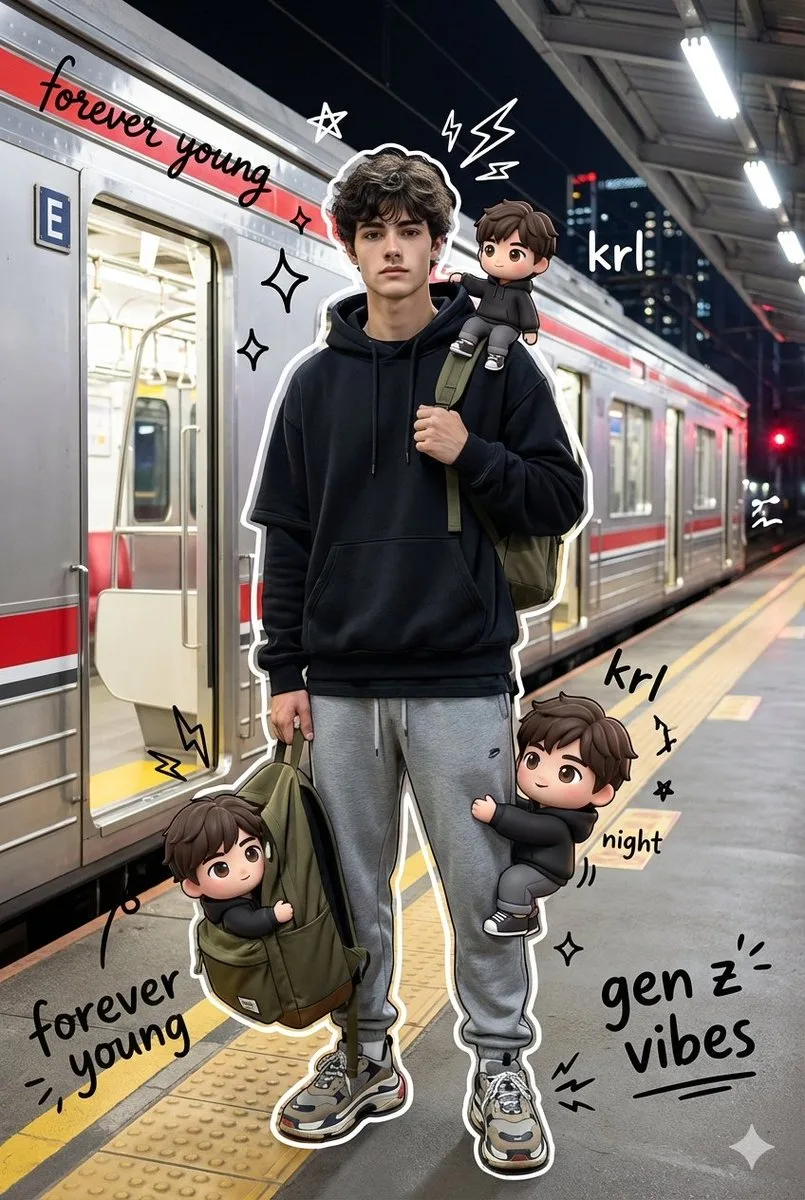 Mixed-media train platform portrait shows a streetwear figure with chibi duplicates and doodles beside a commuter train