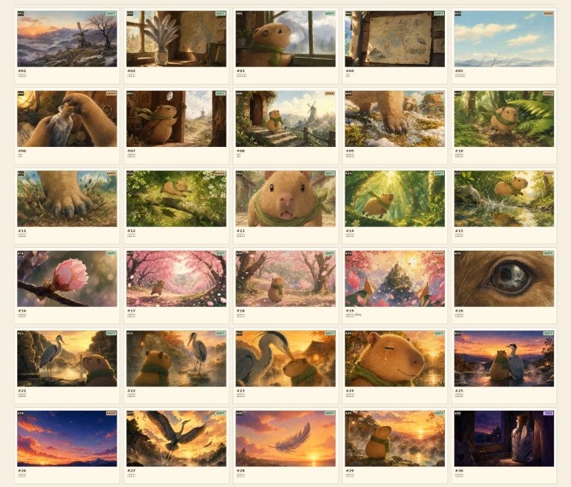 A grid of watercolor storyboard images depicting various scenes from a Miyazaki-style animated short film featuring a small creature in diverse landscapes