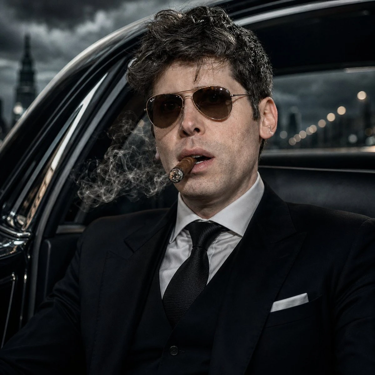 A modern mafia boss sits in a luxury black car, wearing a black suit and aviator sunglasses, with a cigar and a cold expression against a moody city backdrop