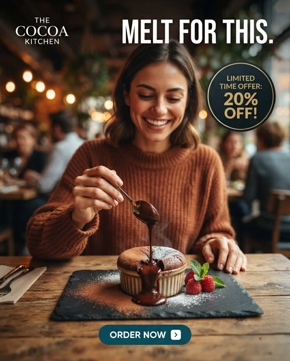 Molten Chocolate Dessert Café Ad with social-ready food styling, appetizing detail and shareable campaign composition