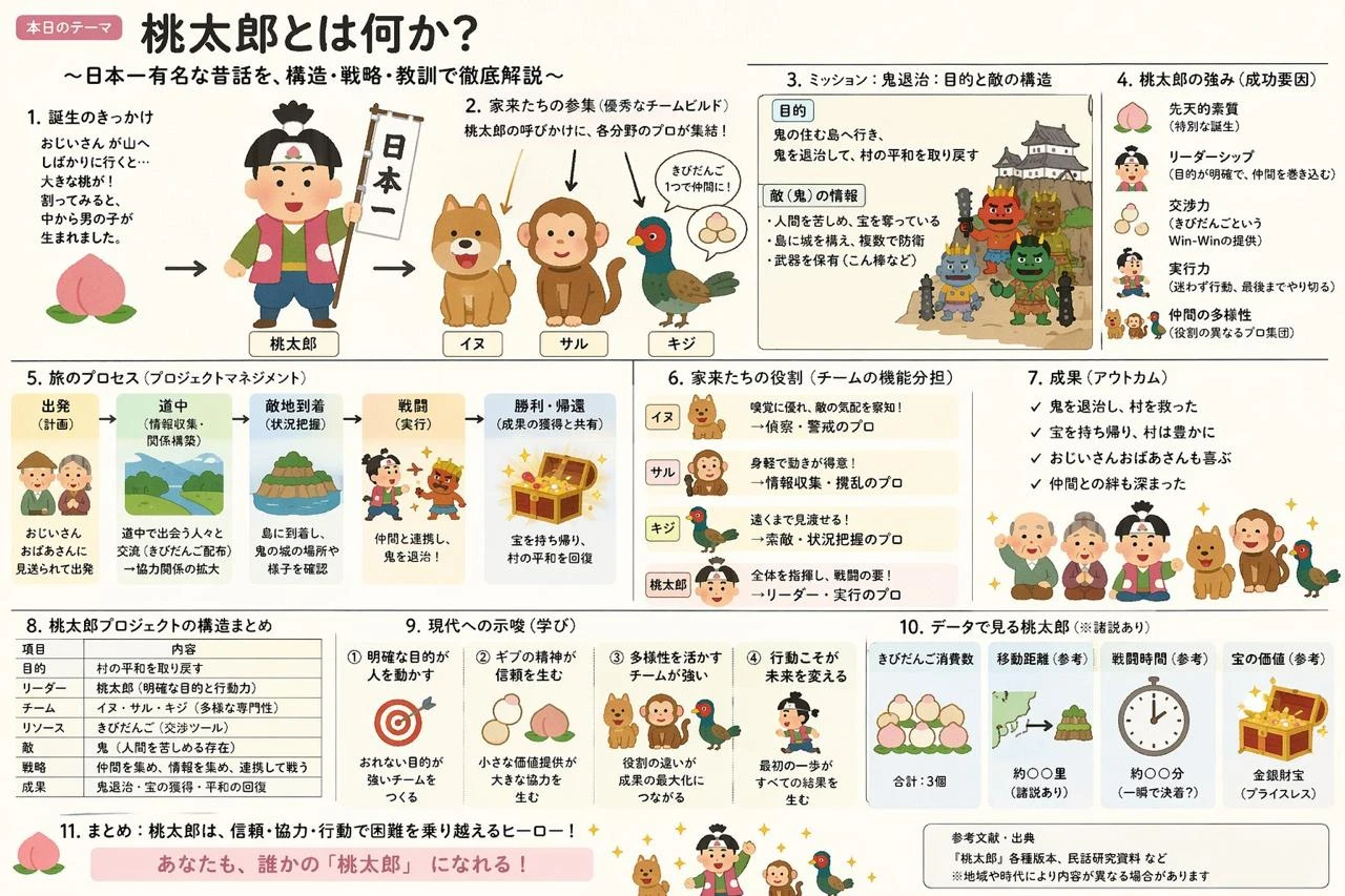 A colorful explainer slide features Momotaro, accompanied by his animal companions, detailing his story and journey in a playful, informative layout