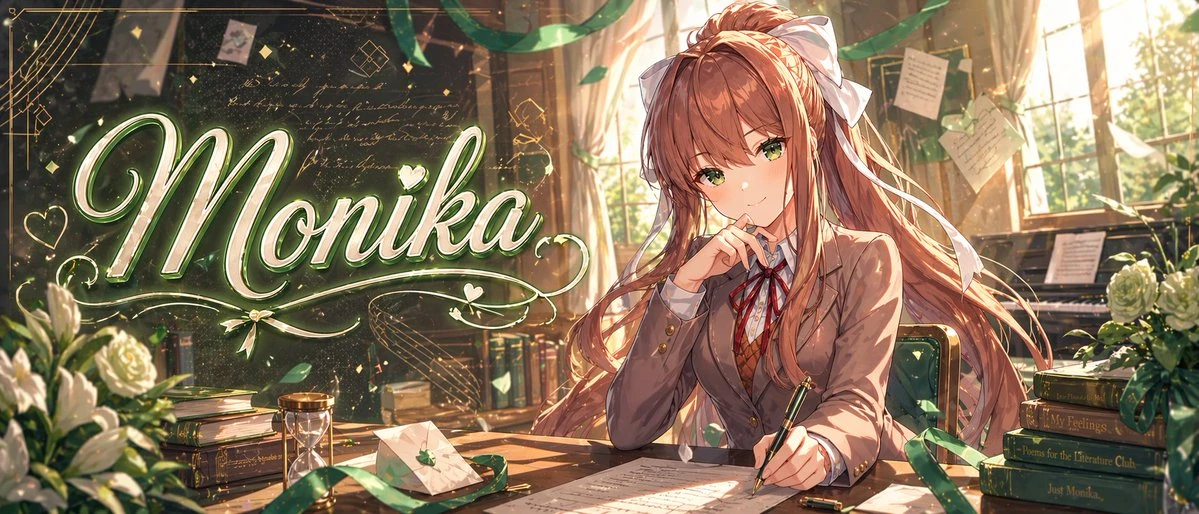 A thoughtful anime schoolgirl with chestnut brown hair and a large white ribbon sits at a desk in a warm, golden classroom, surrounded by books and plants