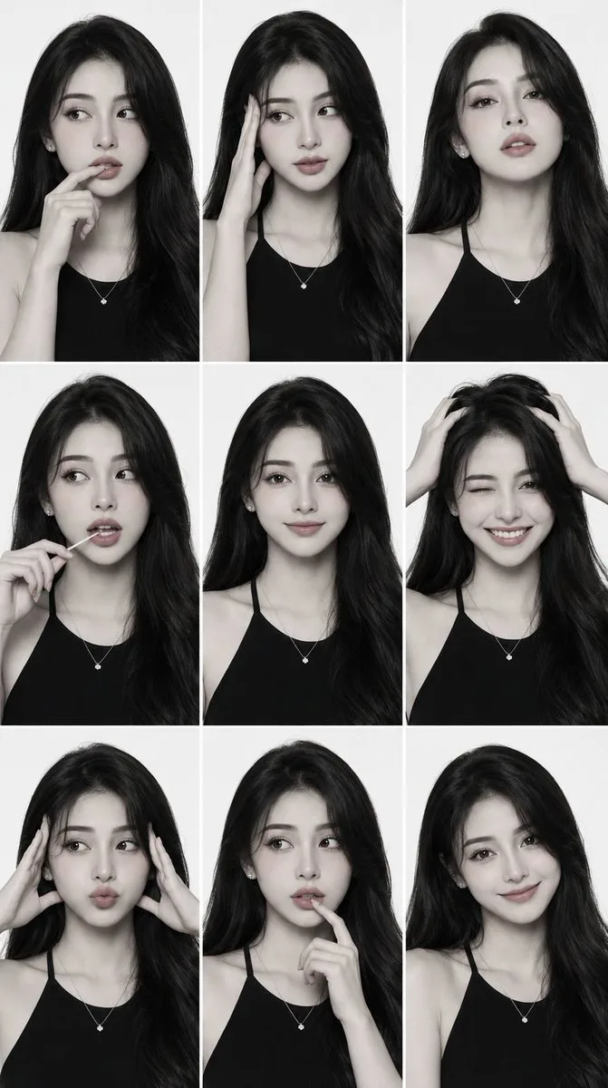 Black-and-white comp card grid shows multiple expressive female portrait crops with clean editorial framing
