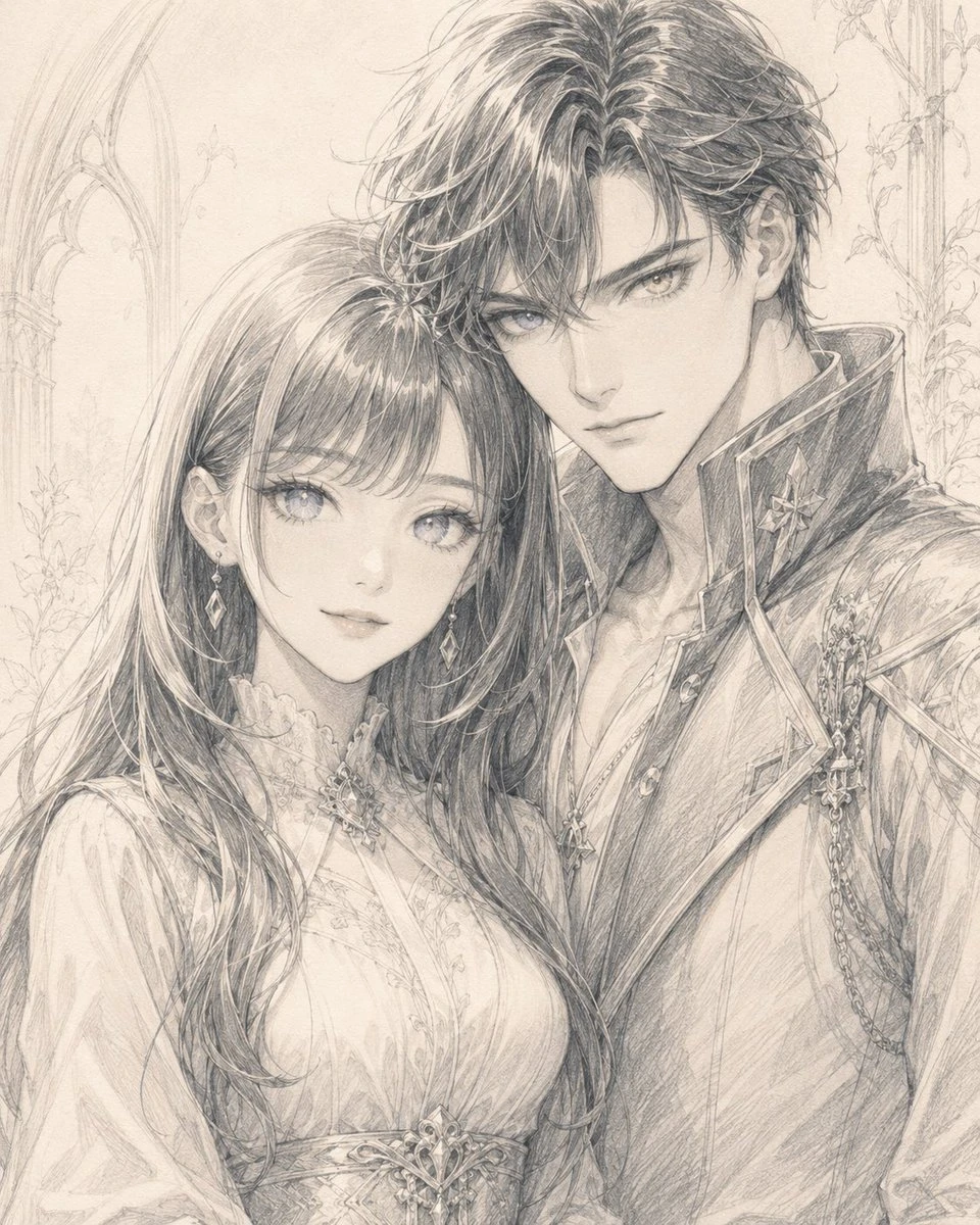 Monochrome pencil illustration of a fantasy noble couple standing close together in ornate clothing