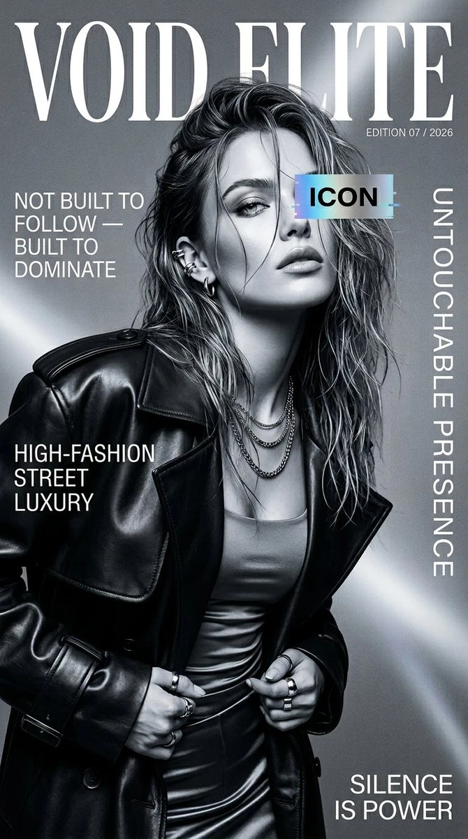 A confident young female model poses in a black leather trench coat on a high-fashion magazine cover, featuring dramatic lighting and bold typography