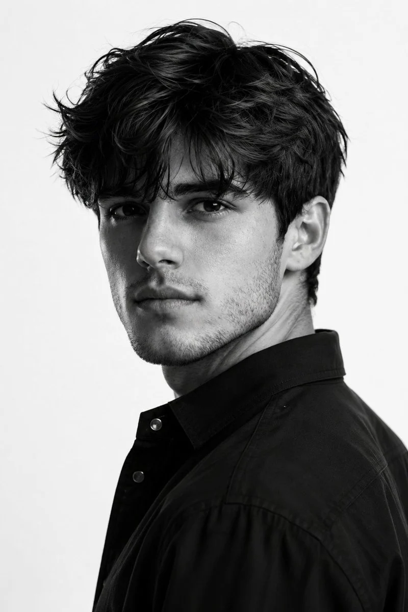Black-and-white fashion editorial portrait with luxury studio lighting and sharp skin detail