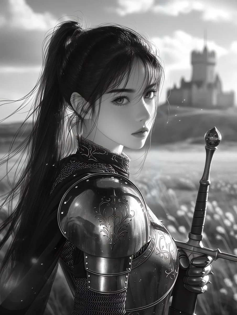 Monochrome Female Knight Portrait with expressive portrait styling, crisp facial detail and profile-ready composition