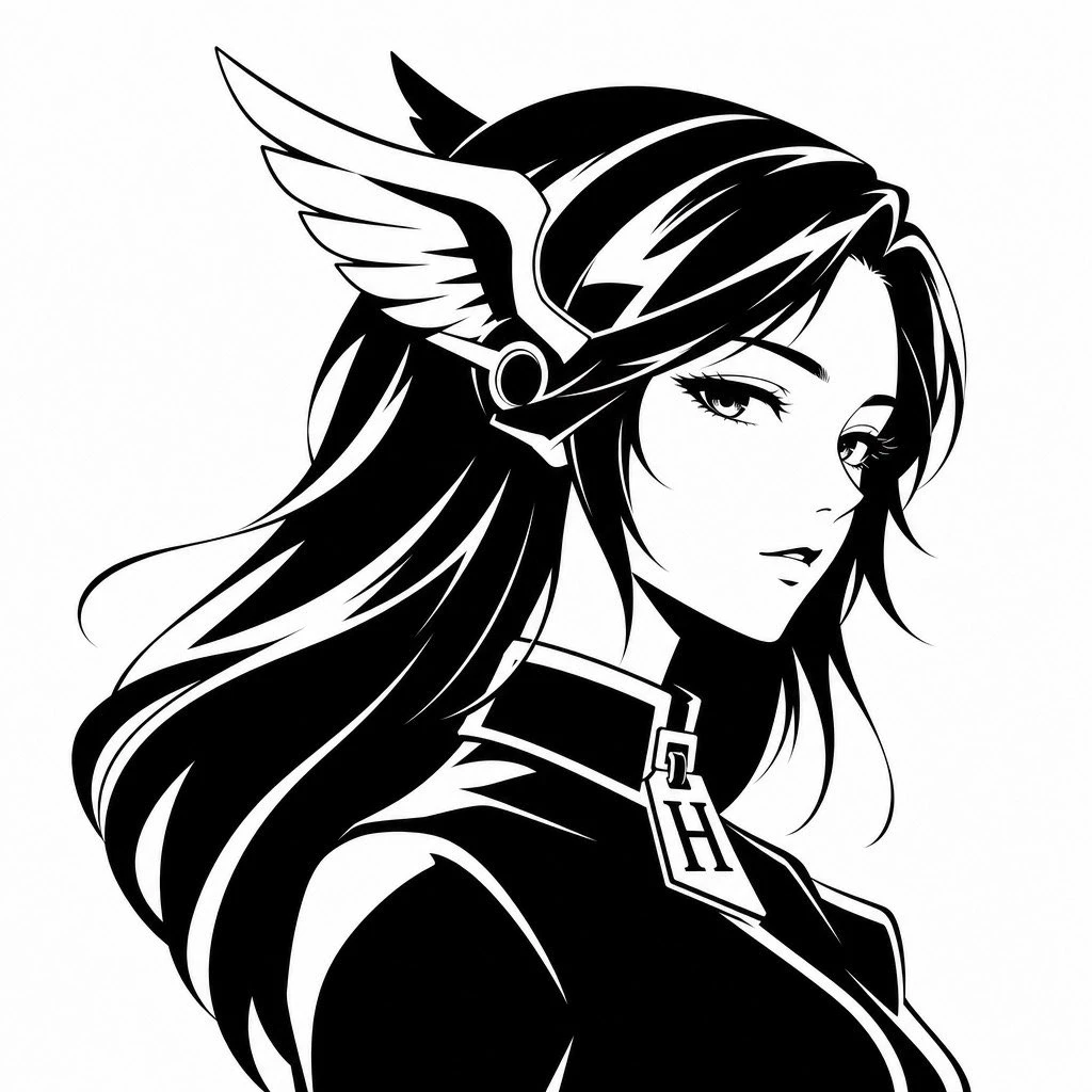 A mythic anime woman in a monochrome silhouette features long hair with white highlights, a winged headpiece, and a high-collar garment