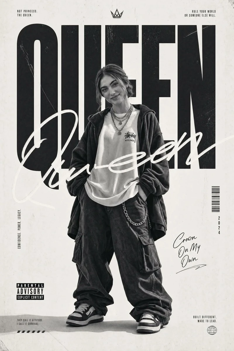 A monochrome streetwear poster shows an oversized urban outfit with bold QUEEN typography and gritty textures