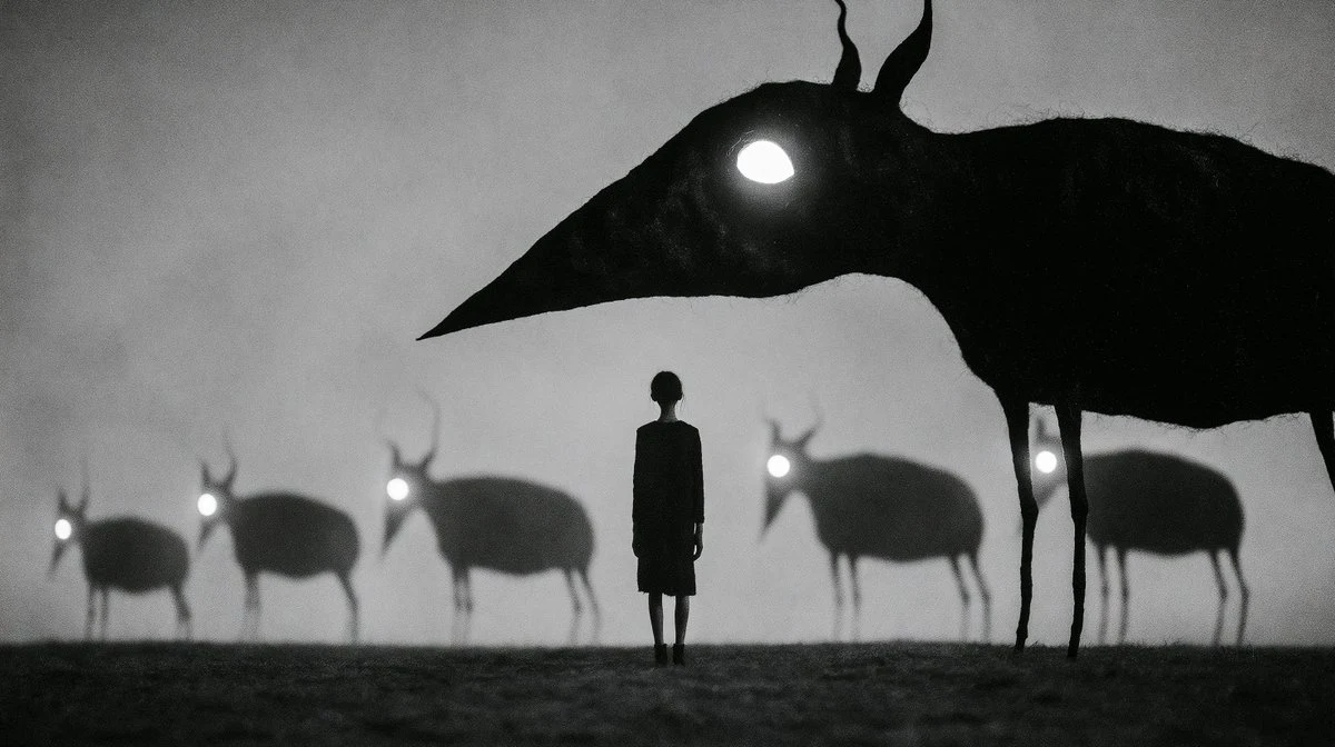 Monochrome Surreal Bird-Beast Encounter storyboard visual
