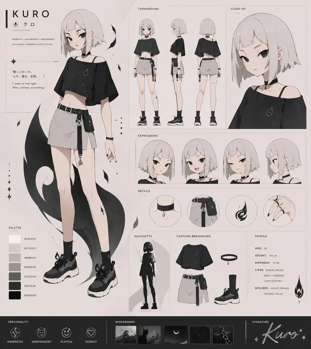 Monochrome VTuber character sheet with multiple poses, expression panels, outfit notes, and clean manga linework