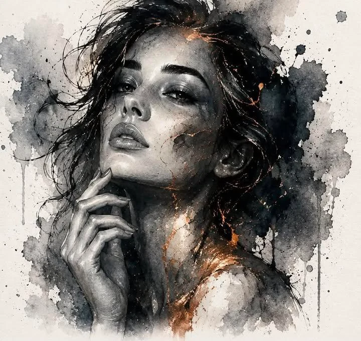 Monochrome Watercolor Kintsugi Portrait: social media prompt preview with platform-ready composition and clear design.