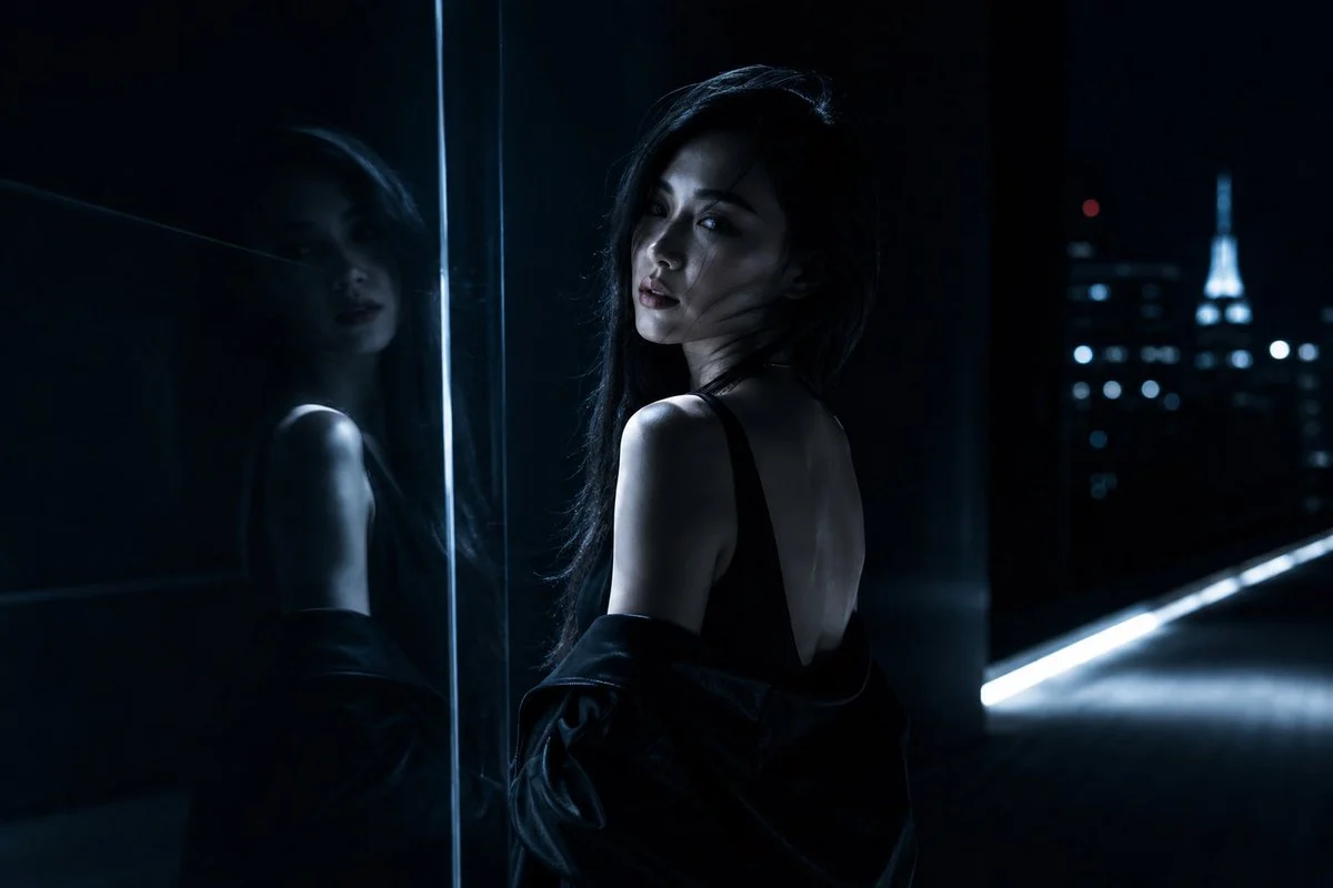 Moody Night Balcony Fashion Portrait with expressive portrait lighting, detailed styling and a polished editorial mood