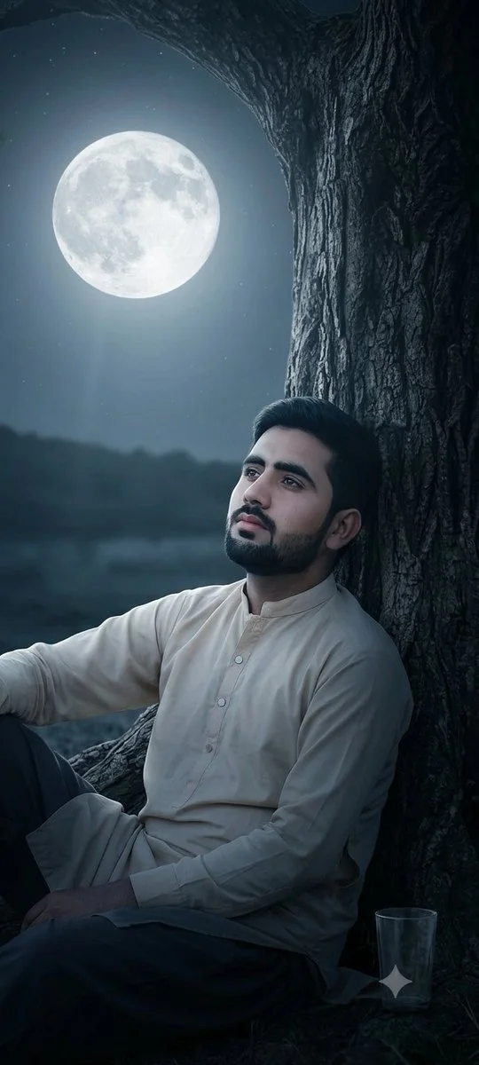 Moonlit ancient tree scene with a man looking upward from the roots, deep night shadows, soft rim light, and strict cinematic composition