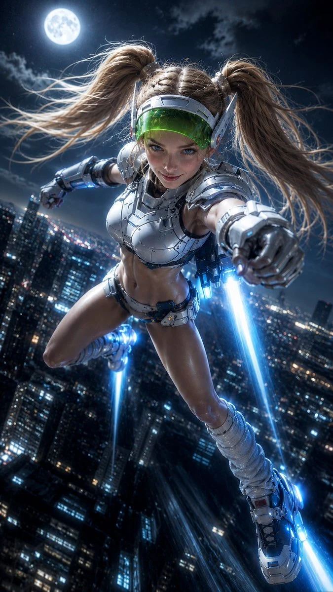 Moonlit Cyber Super Heroine Flight storyboard visual