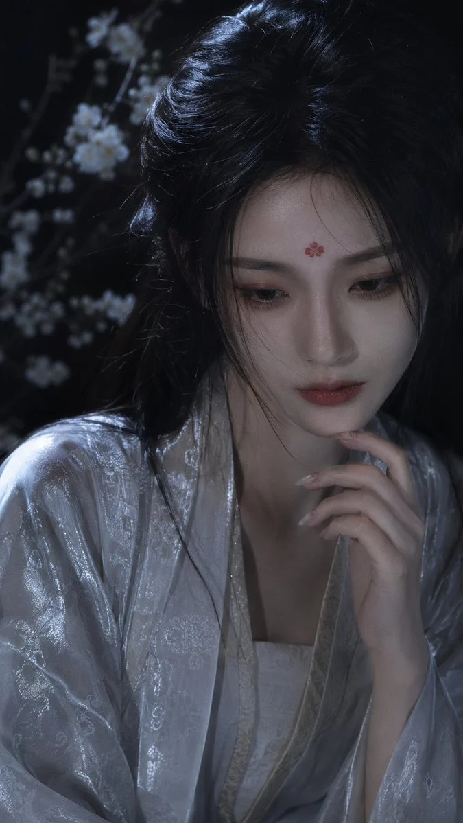 Moonlit xianxia portrait of an ethereal woman in hanfu with cinematic garden atmosphere