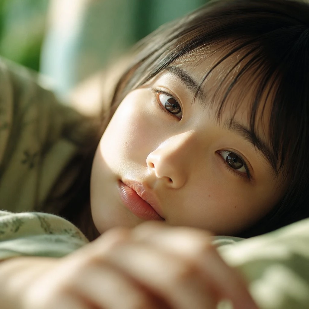 Morning sunlight bed portrait with soft close-up framing, natural skin texture, and intimate realistic bedroom light.