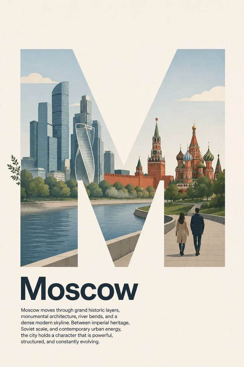 Swiss-style Moscow travel poster with a large letter M filled with city skyline, Kremlin landmarks, river and walking figures
