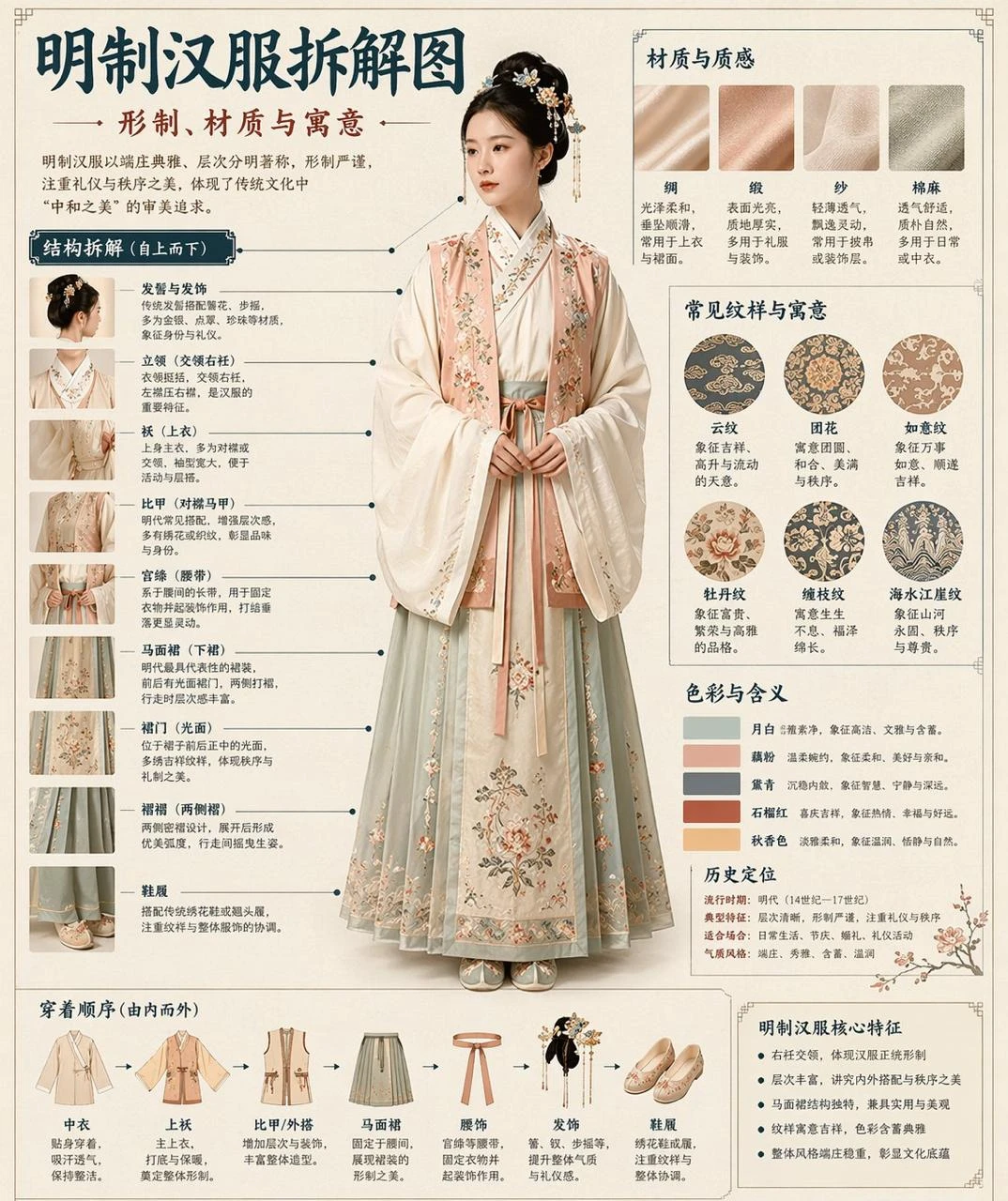 A detailed infographic breaks down the structure, materials, and cultural significance of a Hanfu outfit, featuring a model and labeled sections