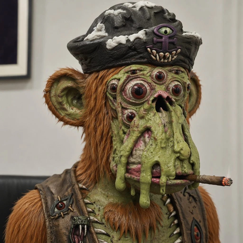 Mutant ape pirate portrait with expressive face, nautical costume details, and dramatic character-illustration lighting.