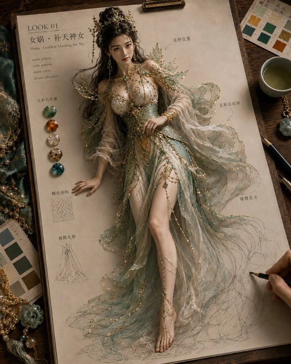 Oriental mythical haute couture sketch workspace with manuscript paper, fabric samples, and design tools