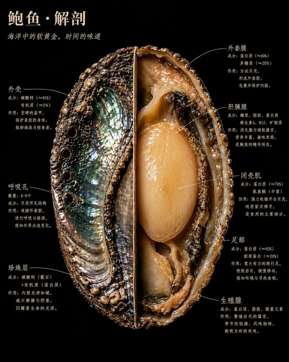 A cross-section of an abalone showcases its intricate internal structures against a black velvet background, illuminated dramatically