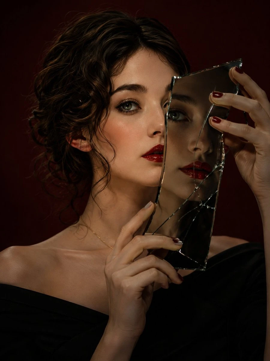 A woman with curly hair holds a cracked mirror, revealing a striking reflection against a dark red background