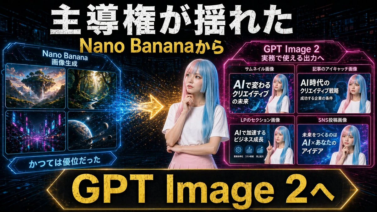 A young woman with pastel blue hair poses thoughtfully in a neon cyberpunk setting, surrounded by bold Japanese text and glowing image panels