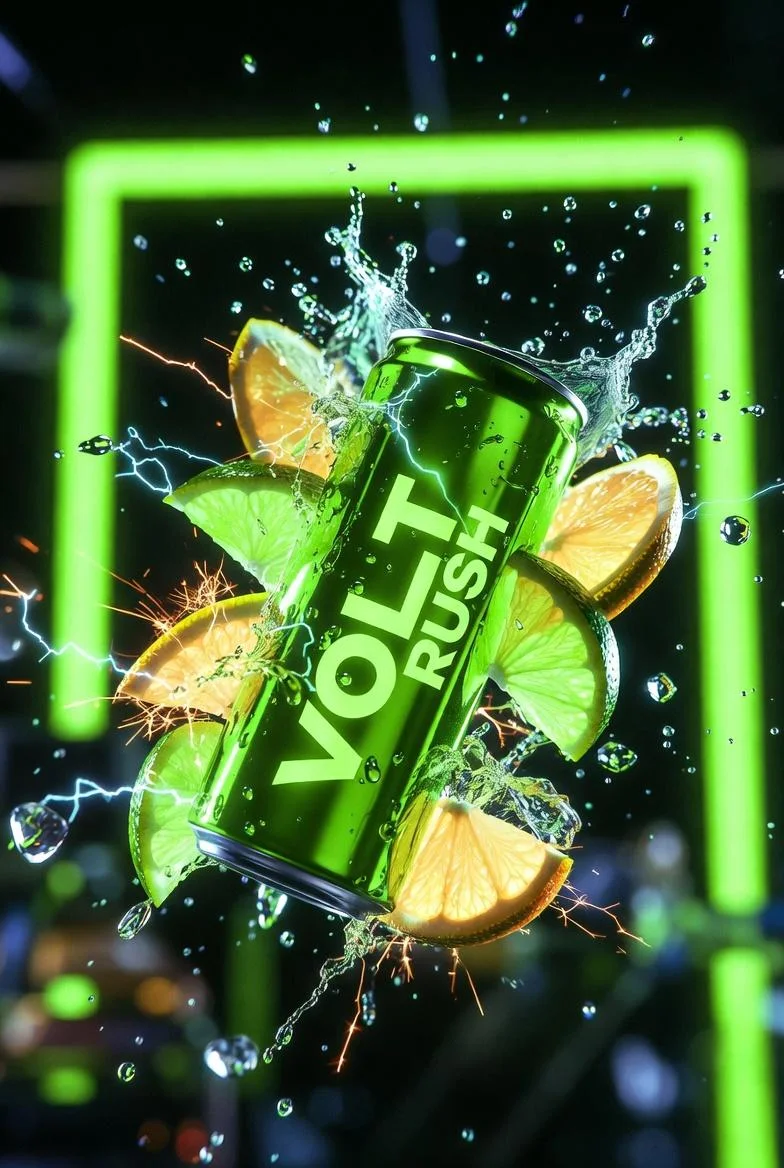 A neon-green energy drink can labeled "VOLT RUSH" bursts through citrus slices and splashes of lime juice against a dark background.
