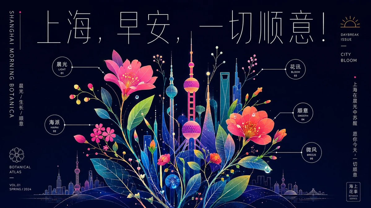 Neon Shanghai botanical morning poster with glowing flowers, skyline icons and Chinese headline text