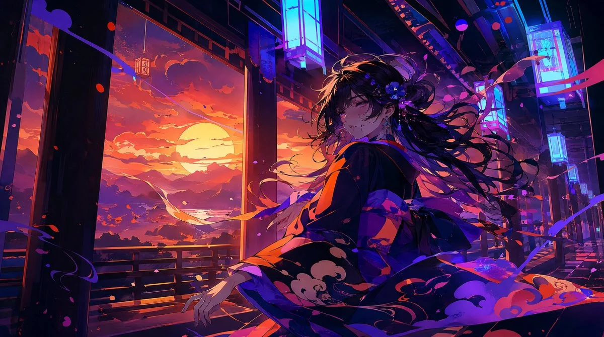 Girl in a kimono standing beneath neon signs against a vivid sunset sky