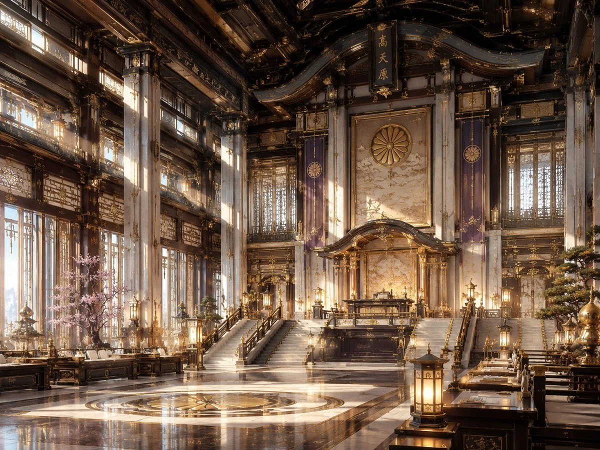 NeoNippon Imperial Throne Hall with scroll-ready composition, strong focal subject, and polished social post styling