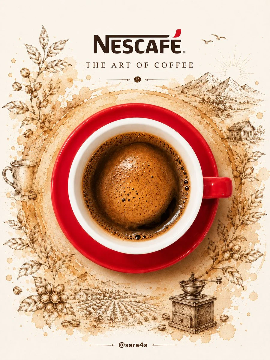 NESCAFÉ Coffee Map Poster: A premium vertical NESCAFÉ-style coffee advertisement featuring a photorealistic red espresso cup surrounded by sepia...
