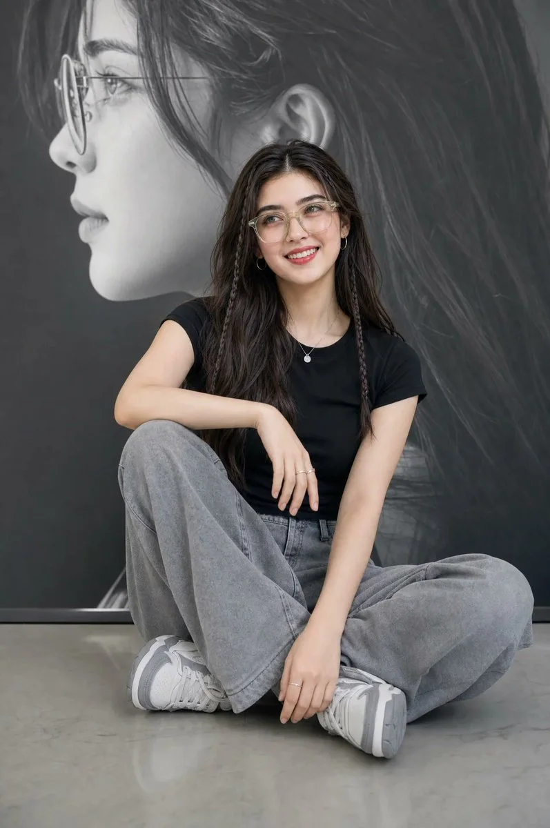 A young woman sits casually on a grey studio floor, wearing a black t-shirt, wide-leg grey jeans, and chunky sneakers, smiling at the camera.