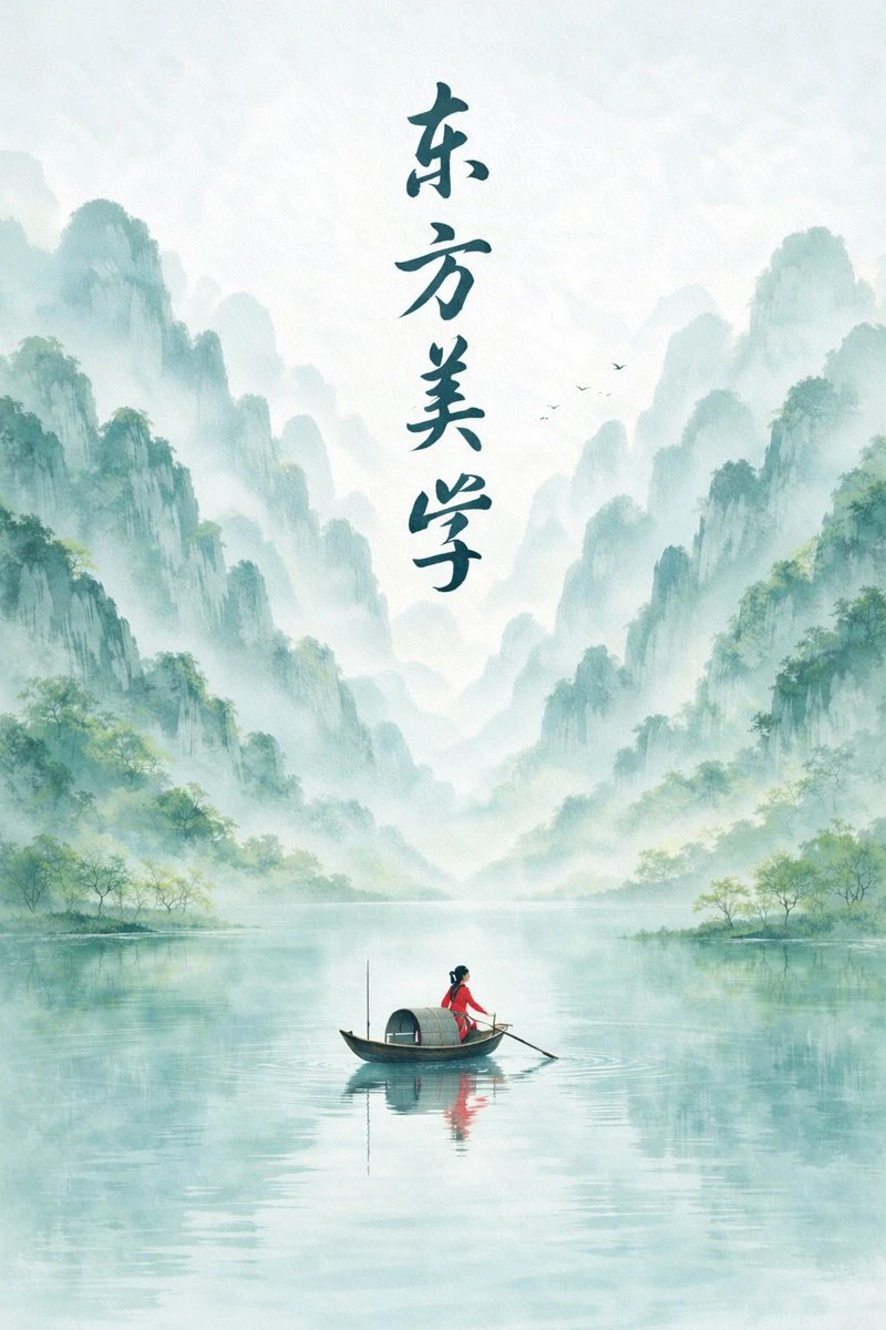 A figure in a red outfit rows a boat through a tranquil landscape of misty mountains and reflective water, embodying Eastern minimalist aesthetics