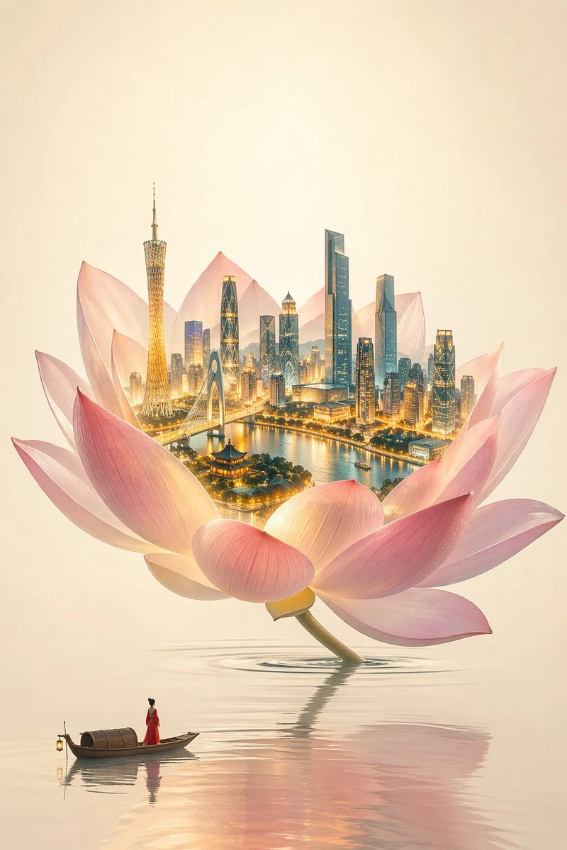 A large, translucent lotus flower rises from a calm water surface, showcasing a glowing 3D cityscape of Guangzhou within its petals