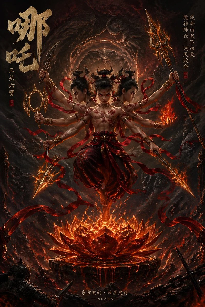 Nezha, depicted with three heads and six arms, hovers over a fiery lotus base in a dark fantasy setting