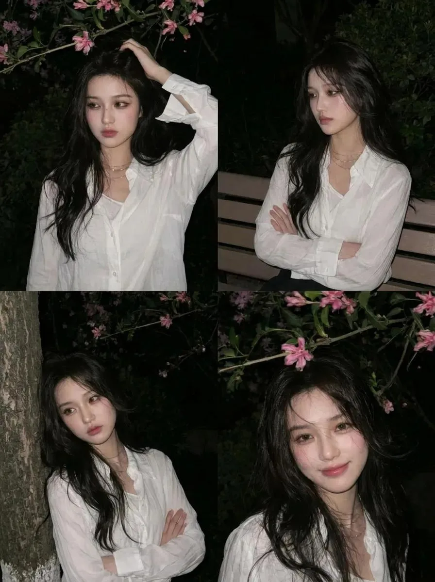 Candid nighttime collage shows a woman in a white shirt framed by dark branches and pink blossoms