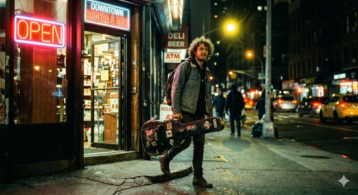 Night bodega musician photograph with red neon lighting, streetwear styling, and cinematic editorial mood