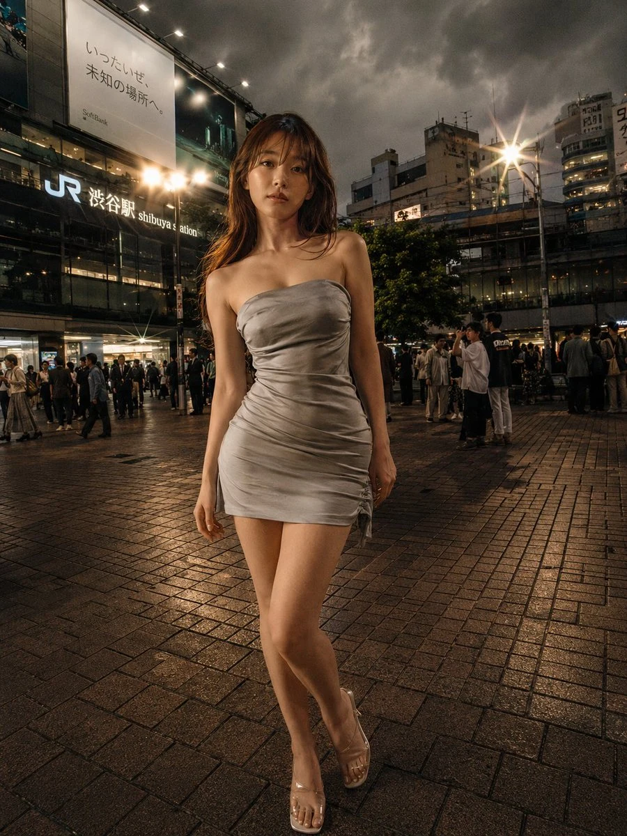 Night Fashion Portrait at Shibuya Station: product ad preview with campaign styling and polished commercial composition.