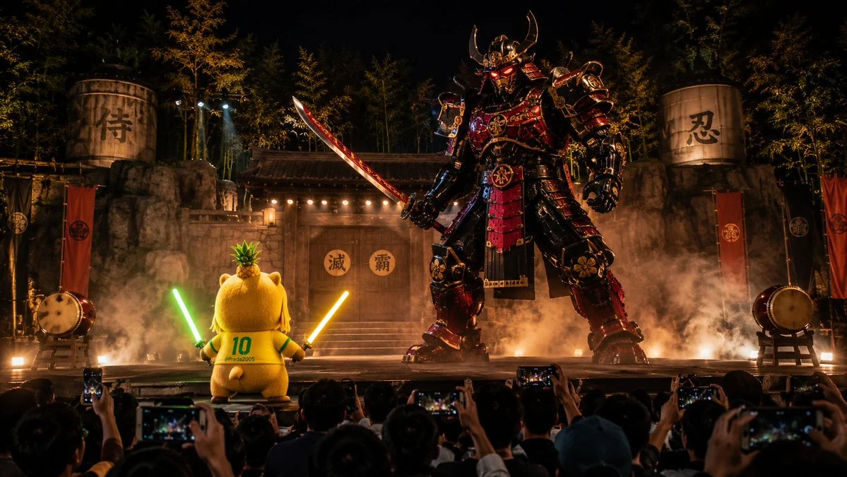 Nighttime Japanese theater cinematic scene with dramatic neon-lit exterior, filmic contrast and atmospheric street detail