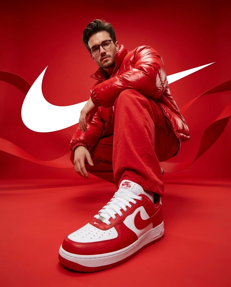 A red streetwear sneaker campaign featuring a stylish man in a glossy puffer jacket, layered red fashion, and product-ad energy