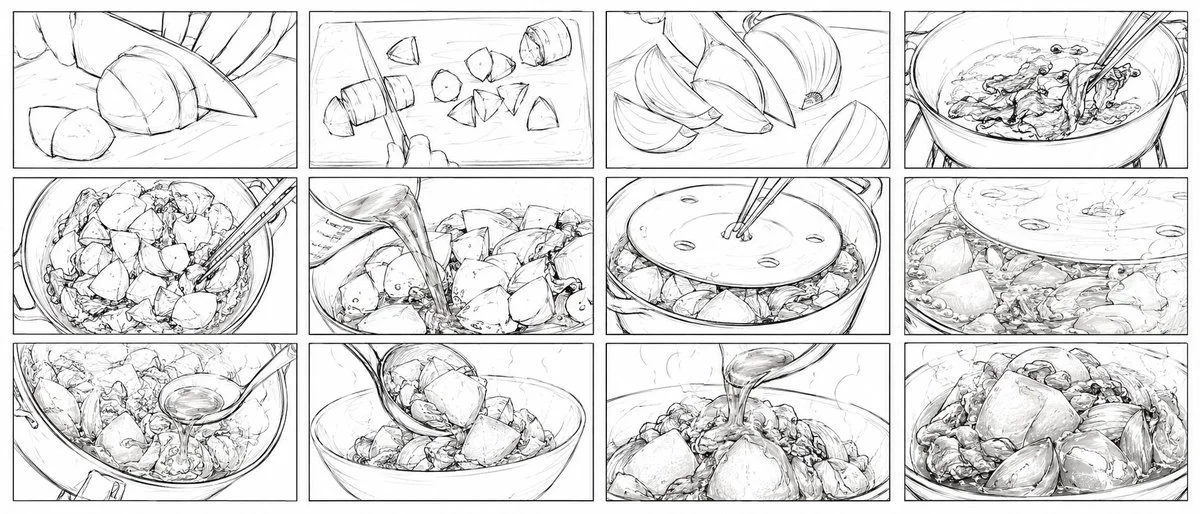 Wide 12-panel monochrome anime storyboard sheet showing a Japanese nikujaga cooking sequence