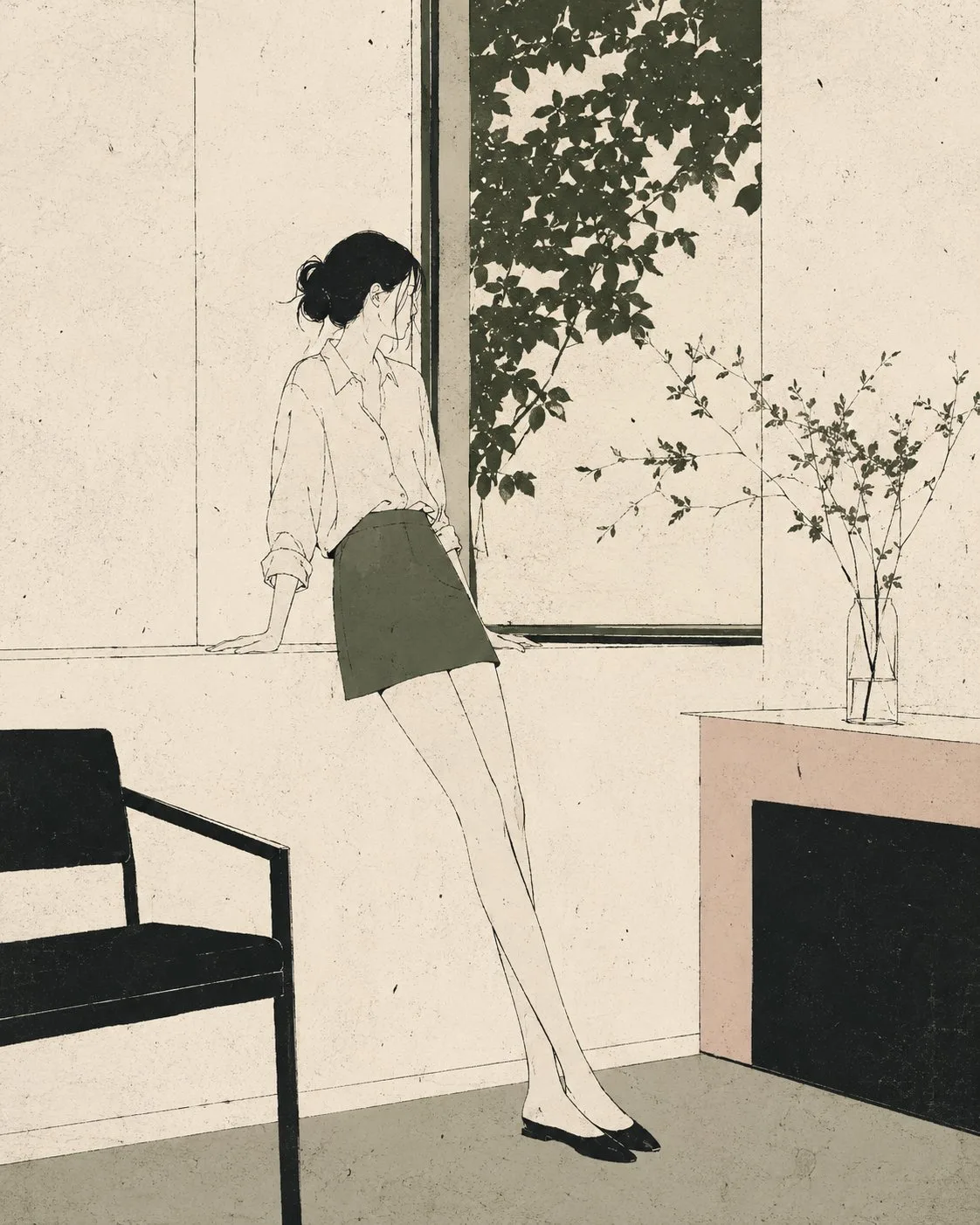 Minimal Nordic editorial illustration of a woman standing near a window with plants in a quiet cream and olive room