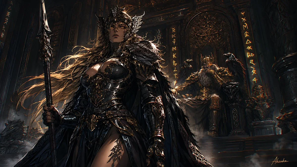 A cinematic dark fantasy 16:9 wallpaper featuring a raven-armored Valkyrie before an Odin-like throne in a shadowy Norse hall