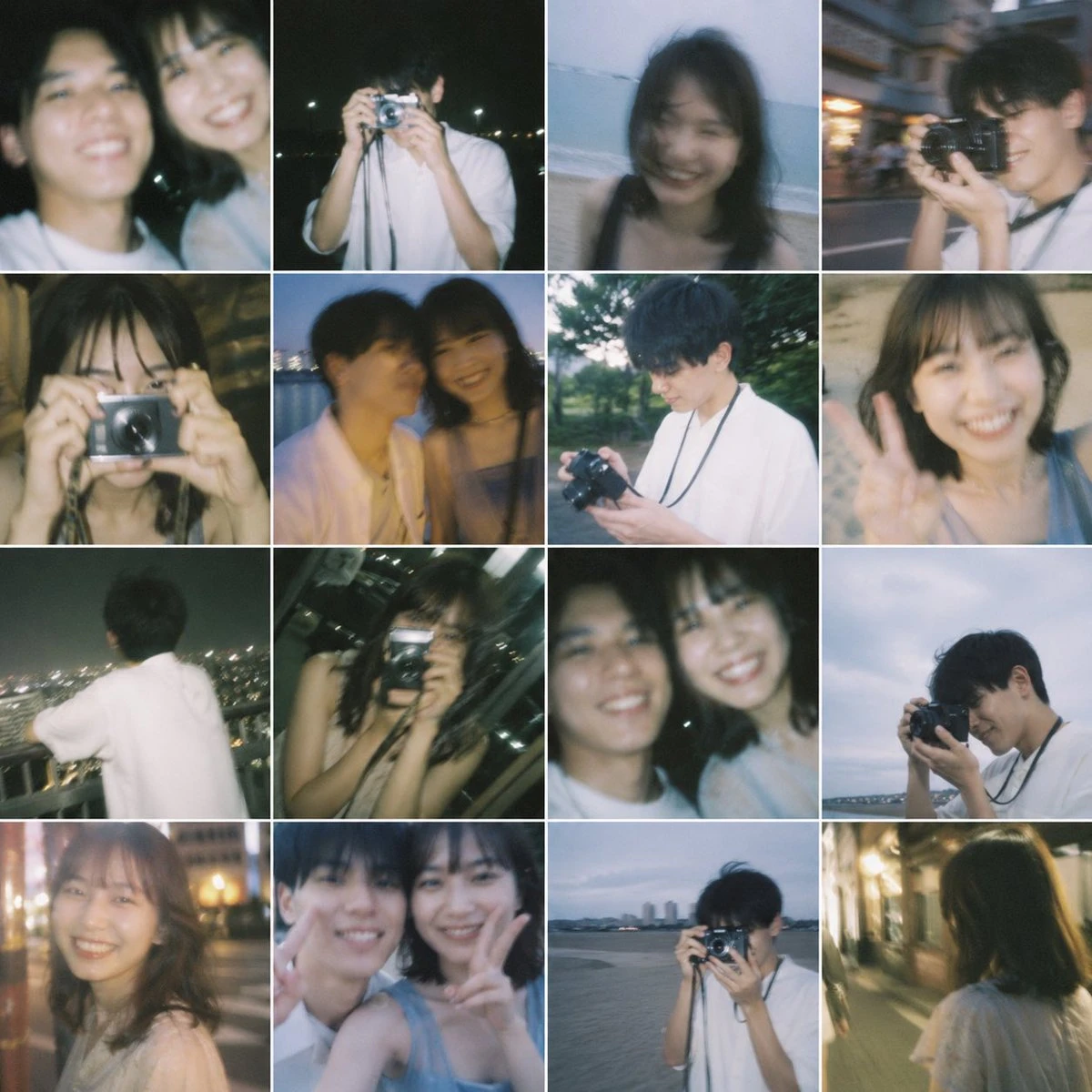 A nostalgic 16-photo grid collage captures a young couple in candid moments, featuring soft blur and a dreamy film aesthetic
