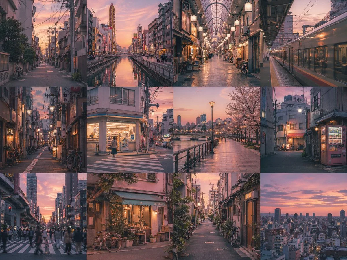 A seamless grid of twelve panels depicting warm, nostalgic scenes of urban life at sunset, showcasing streets, shops, and waterways.