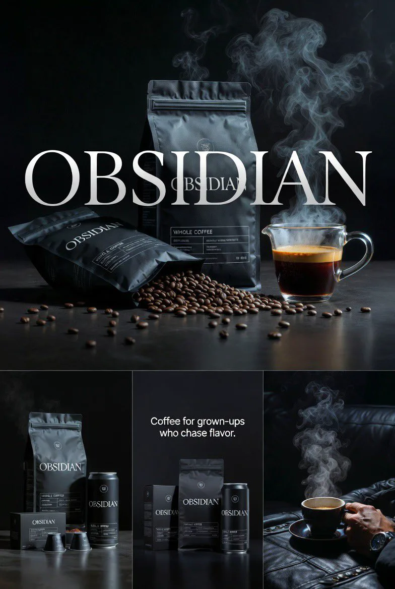 Luxury OBSIDIAN coffee brand campaign grid with dark editorial coffee packaging, beans and steaming cup visuals
