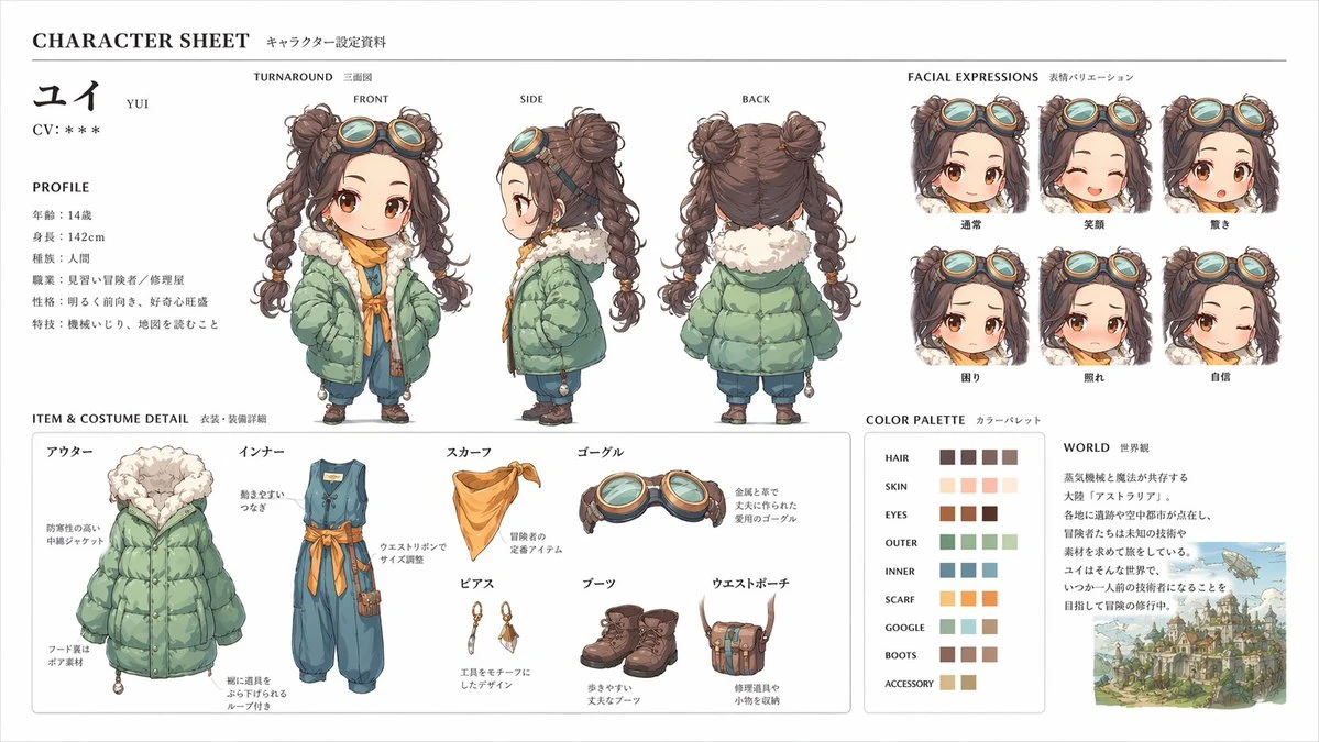 A character design sheet features a young girl in a green coat with goggles, showcasing front, side, and back views along with facial expressions and costume details