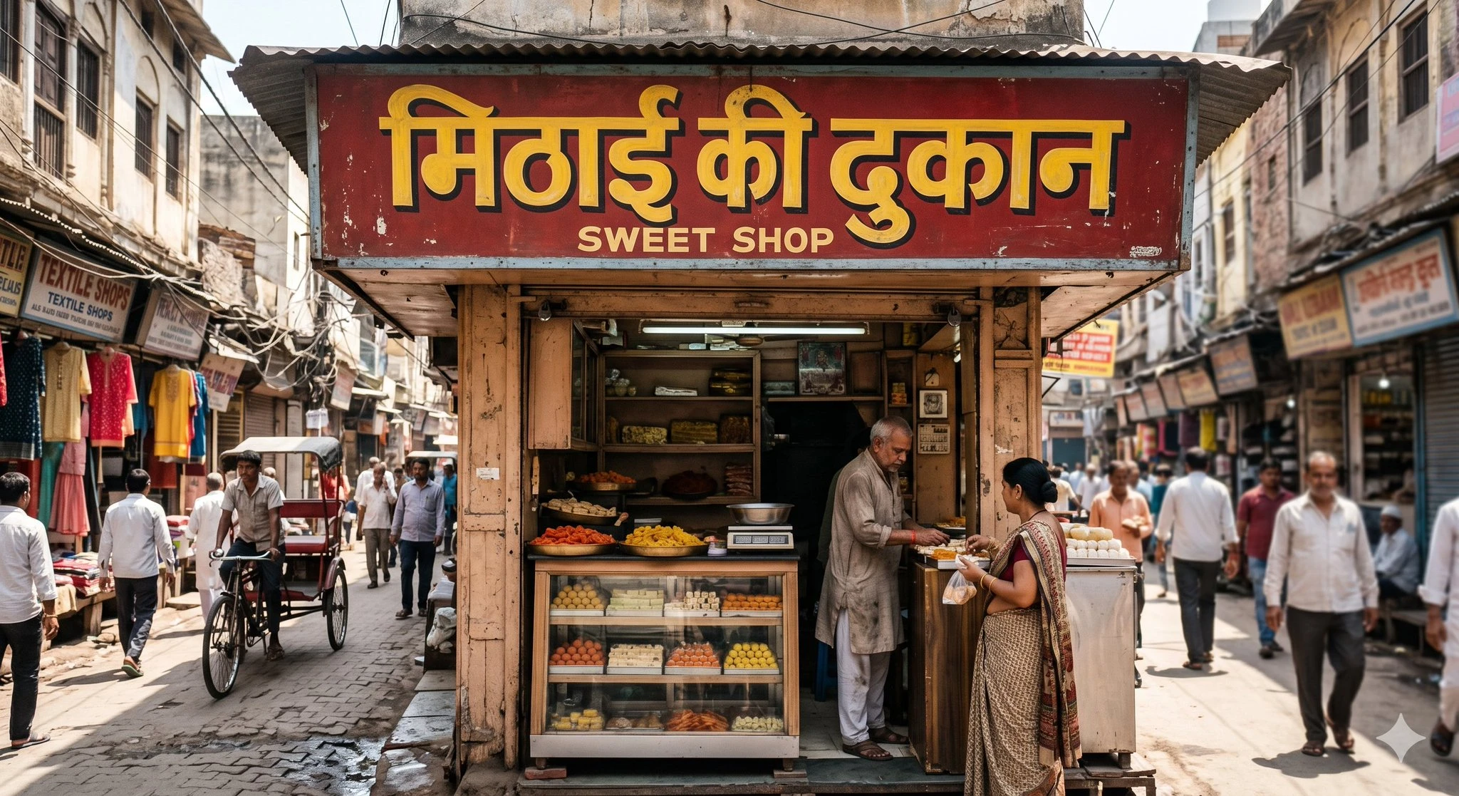 A small sweet shop in Old Delhi features a vibrant red sign with yellow Devanagari script and a display of colorful sweets